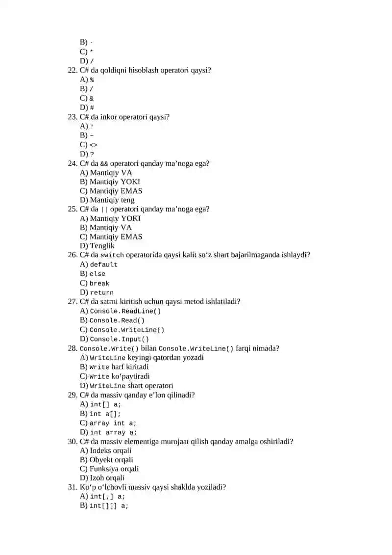 C# dasturi savollari 3
