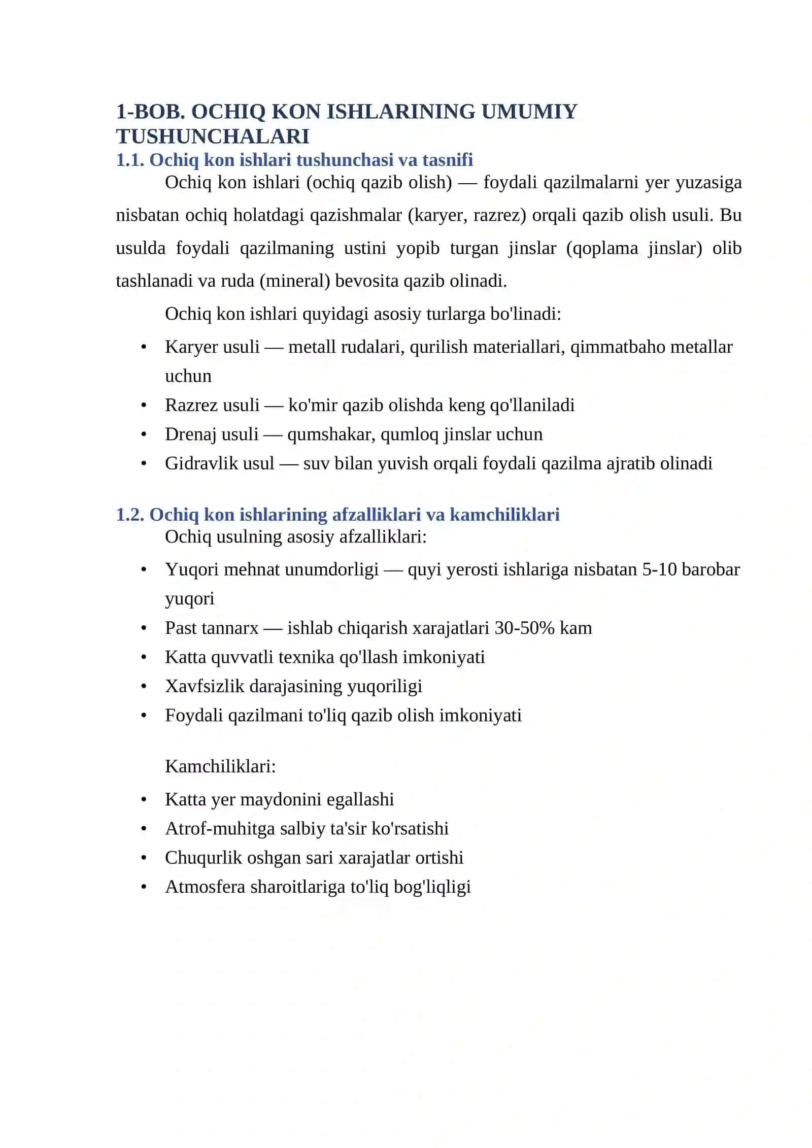 Ochiq kon ishlari davrlari va bosqichlarining texnologik asoslari va ularning tahlili 3