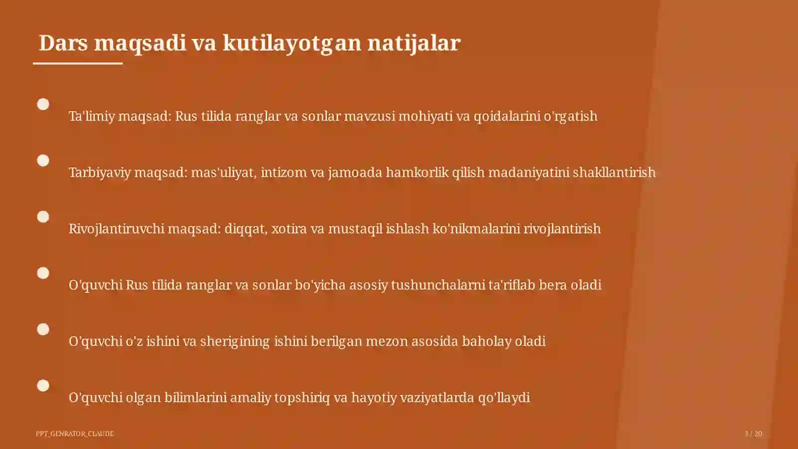 Rus tilida ranglar va sonlar (2-sinf) 3