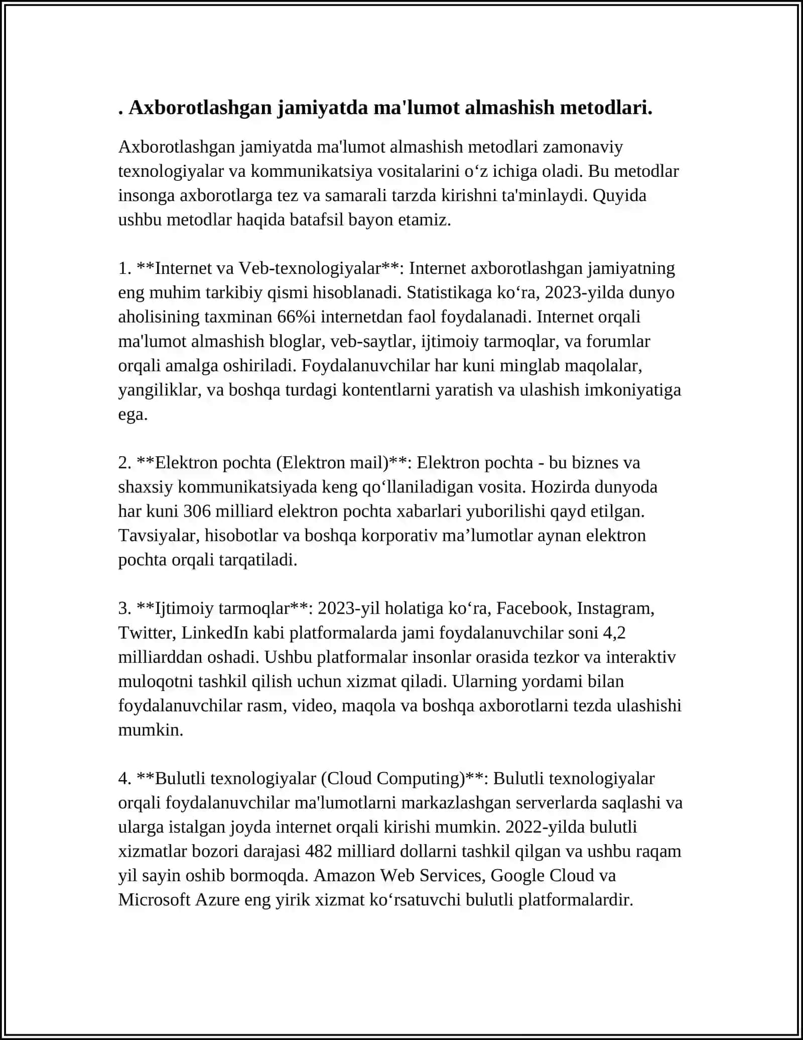JAMIYAT VA TA'LIMNI AXBOROTLASHTIRISH.AXBORATLASHGAN JAMIYATNING O'ZIGA XOS JIHATLARI.AXBORATLASHGAN JAMIYATDA INSONNING TUTGAN O'RNI.AXBORIY MADABIYATNI SHAKLLANTIRISH SHART SHAROITLARI VA VOSTALARI HAQIDA HAR BIR BO'LIMGA 5TADAN MUSTAQIL ISH JAMI 15 TA BO'LISHI KERAK 3
