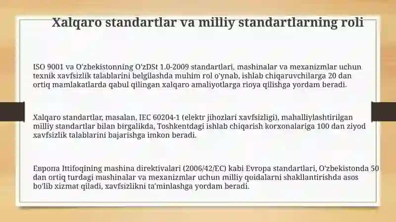 Mashina va mexanizmlar uchun texnik xavfsizlik talablari keltirilgan meyoriy hujjatlarni o'rganish 3
