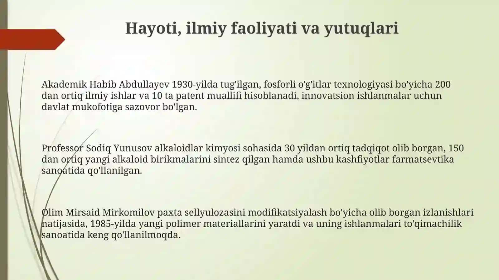 Kimyo fani rivojlanishida oʻz xissasini qoʻshgan Oʻzbekiston respublikasi olimlari 3