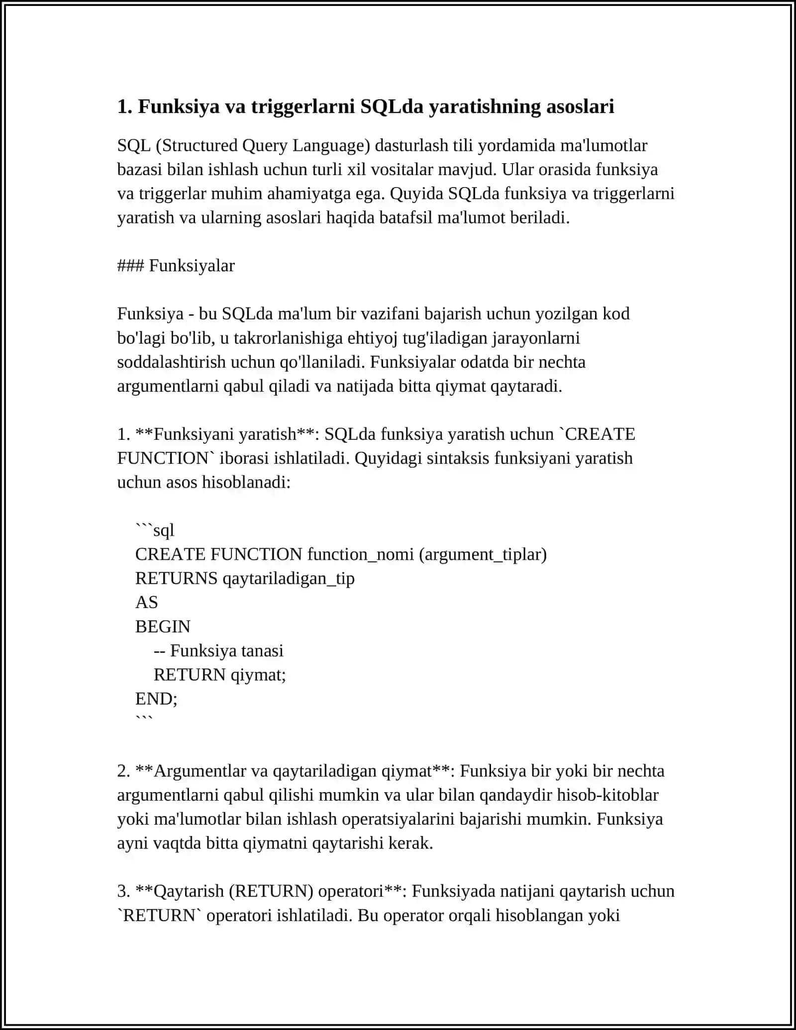 SQL DA FUNKSIYALAR YARATISH. SQL DA TRIGGERLAR YARATISH 3