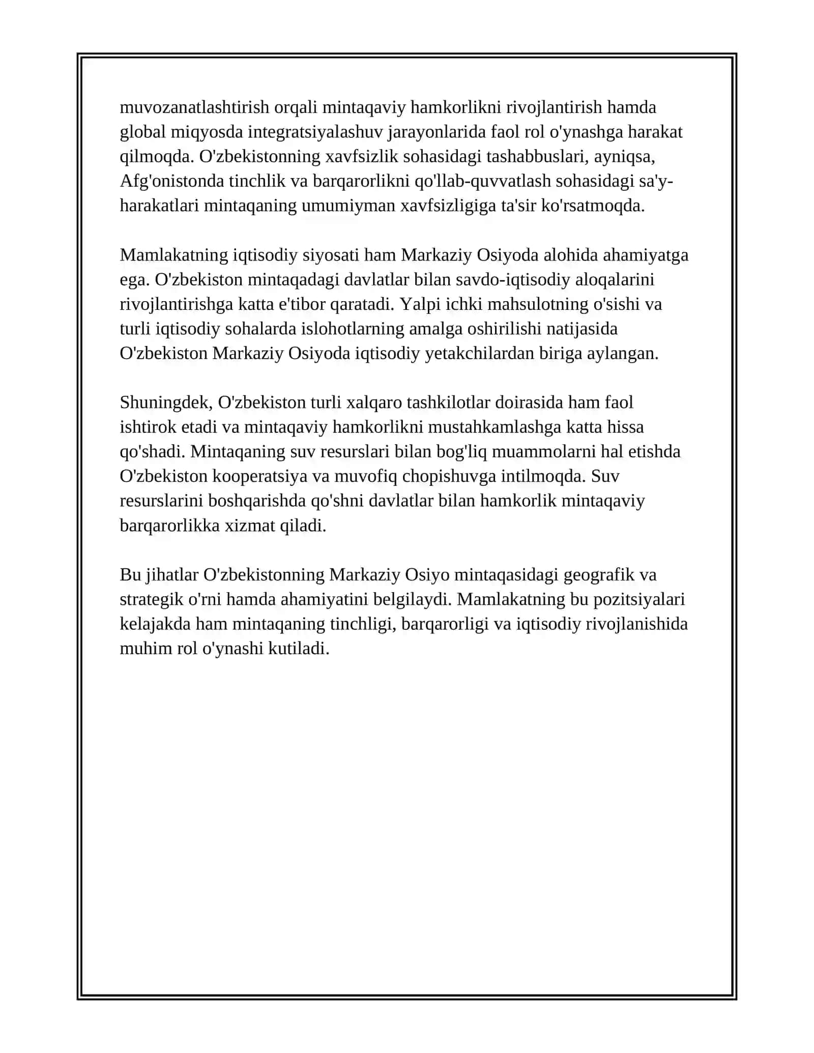 O'ZBEKISTONNING MARKAZIY OSIYO MINTAQASIDAGI O'RNI VA AHAMIYATI 3