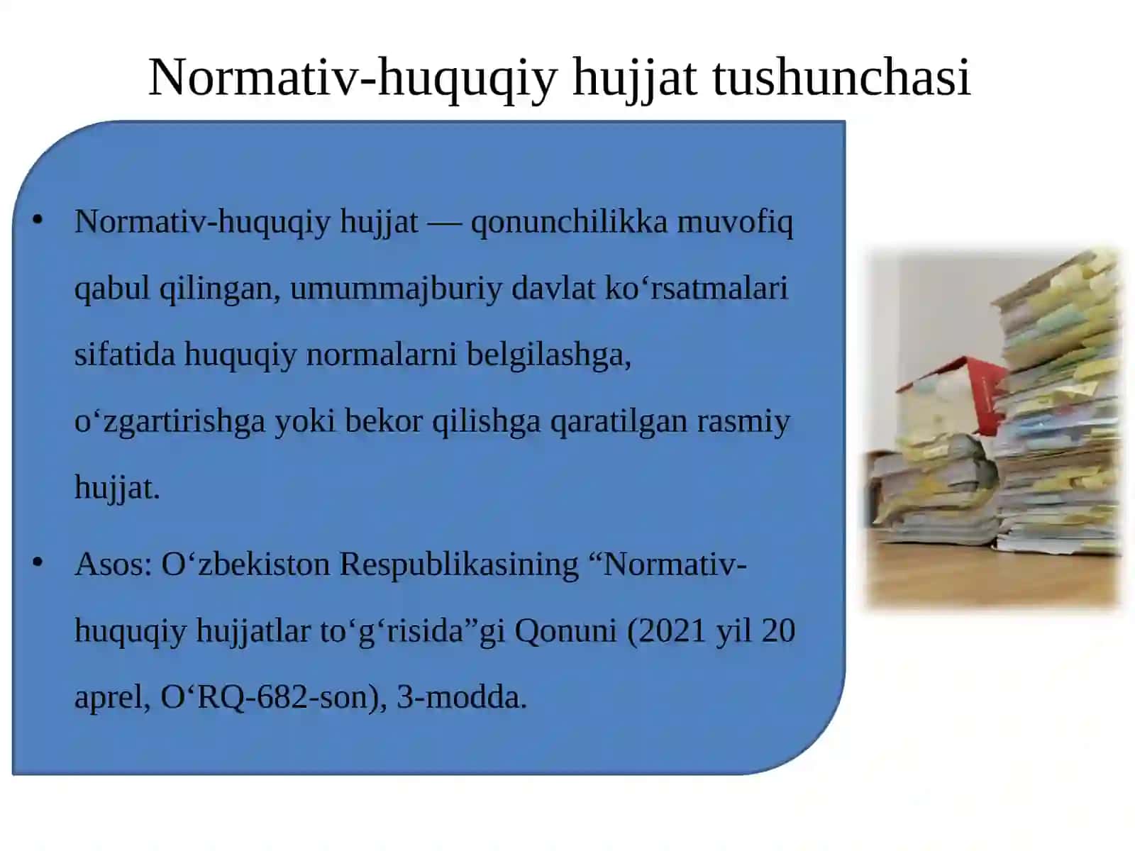 Normativ-huquqiy hujjat loyihasini normativ-huquqiy hujjat qabul qilish huquqiga ega bo'lgan organga kiritish. Normativ-huquqiy hujjatni qabul qilish 3