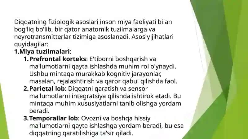 DIQQAT HAQIDA TUSHUNCHA. DIQQATNING FIZIOLOGIK ASOSLARI .DIQQATNING ASOSIY XUSUSIYATLARI. DIQQATSIZLIK VA UNING PSIXOKORREKSIYASI. DIQQAT YETISHMOVCHILIGI SINDROMLARI GIPERAKTIV BOLALARNING MAKTABGA TAYYORGARLIGINING FIZIOLOGIK ASOSLARI. 3