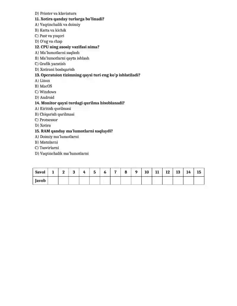 Informatika fanidan nazorat ishlari 3