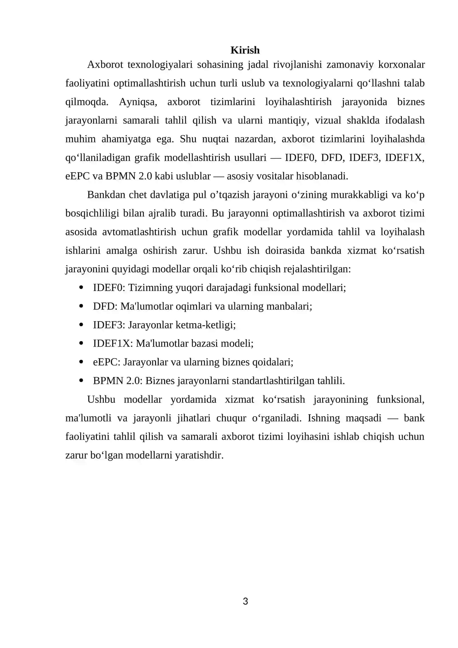 Bank faoliyatini IDEF0, DFD, IDEF3, IDEF1X, eEPC va BPMN metodologiyalarida modellashtirish 3