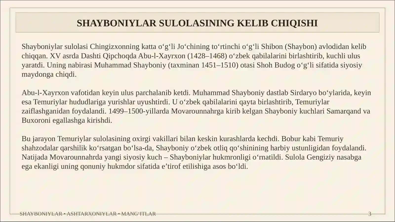 SHAYBONIYLAR, ASHTARXONIYLAR, MANG'ITLAR 3