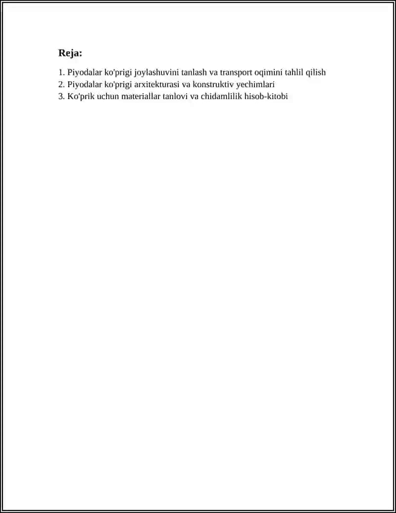 REFERAT Mavzu: PIYODALAR XAFSIZLIGINI TA'MINLASH BOʻYICHA LOYIHAVIY YECHIM( PIYODALAR KOʻPRIGI, SVETAFOR, PANJARA). 3