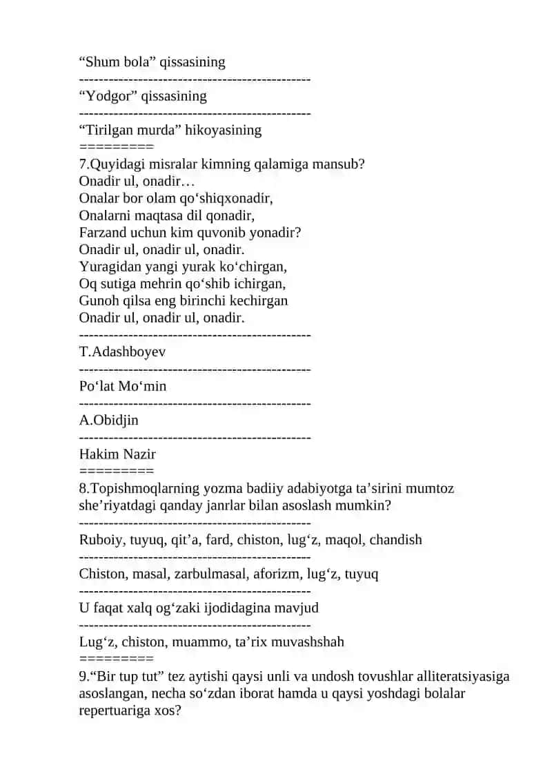 bolalar adabiyoti fanidan testlar 3