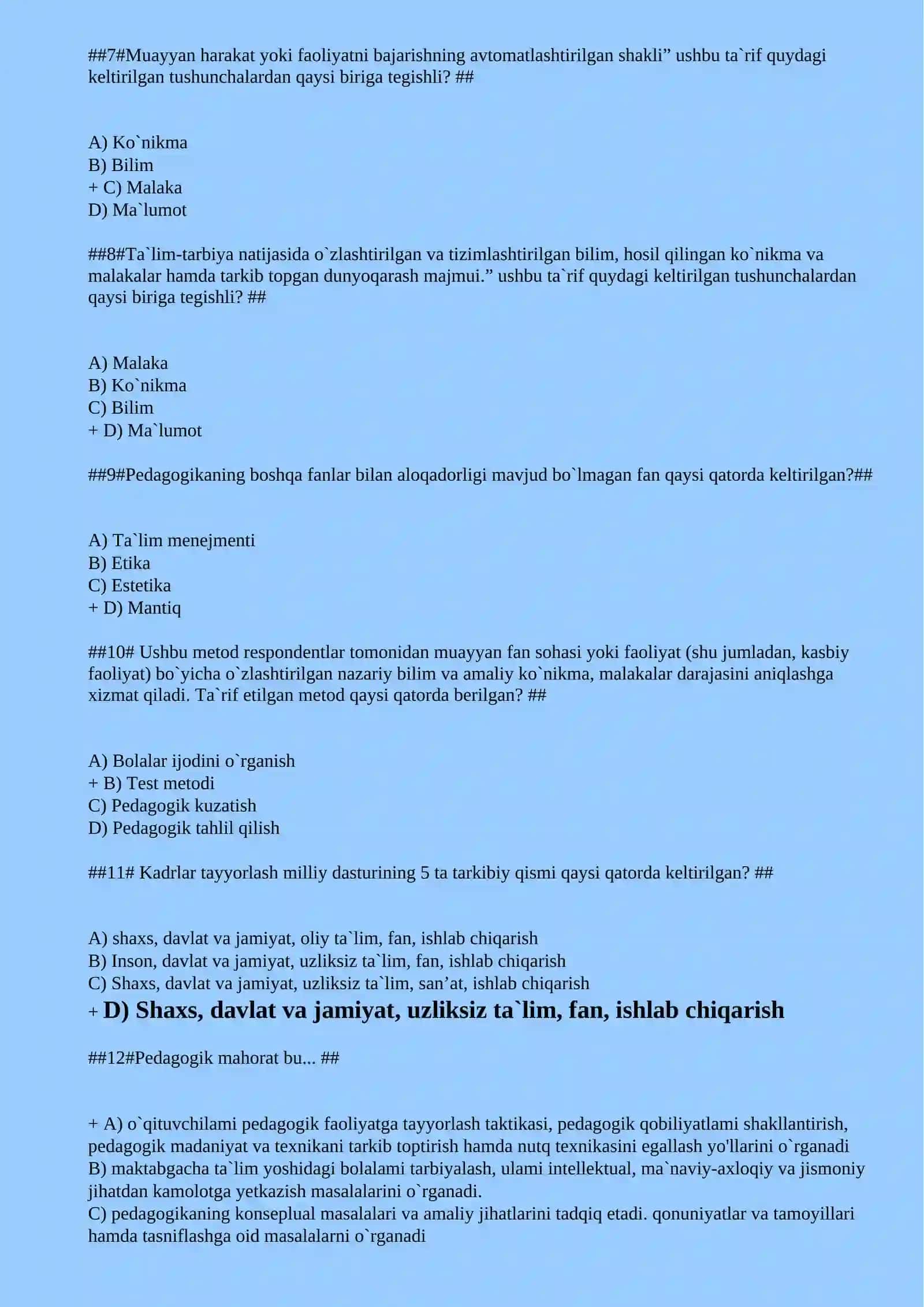 Umumiy pedagogika fanidan test savollari javoblar 3