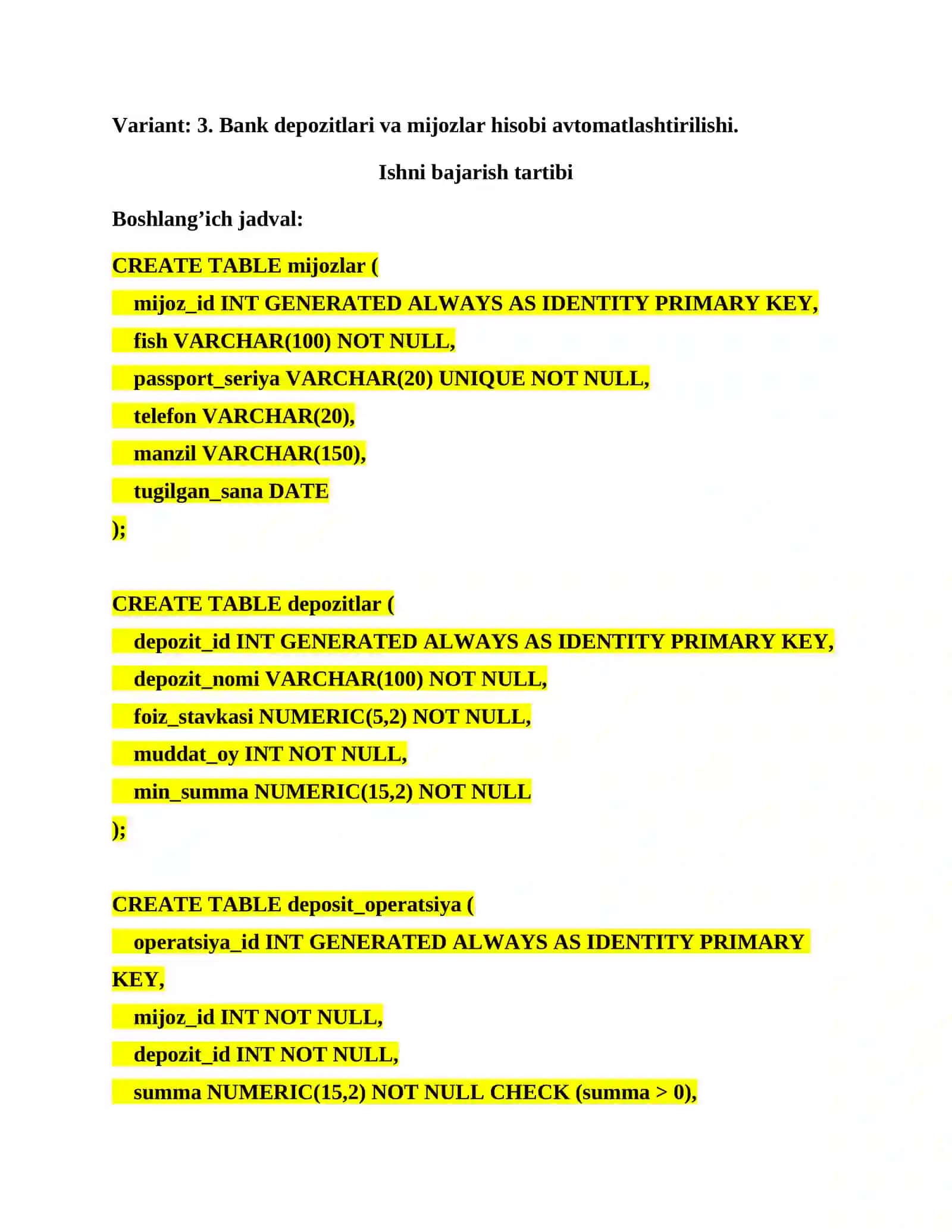 Tranzaksiyalar bilan ishlash. TCL buyruqlaridan foydalangan holda SQL-so‘rovlar yozish 3