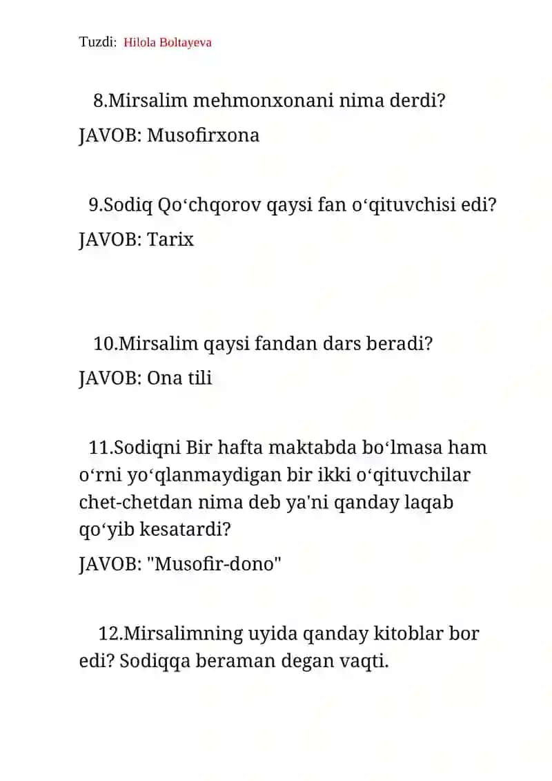 "Oltin zanglamas" romani Shuhrat savol javob 3