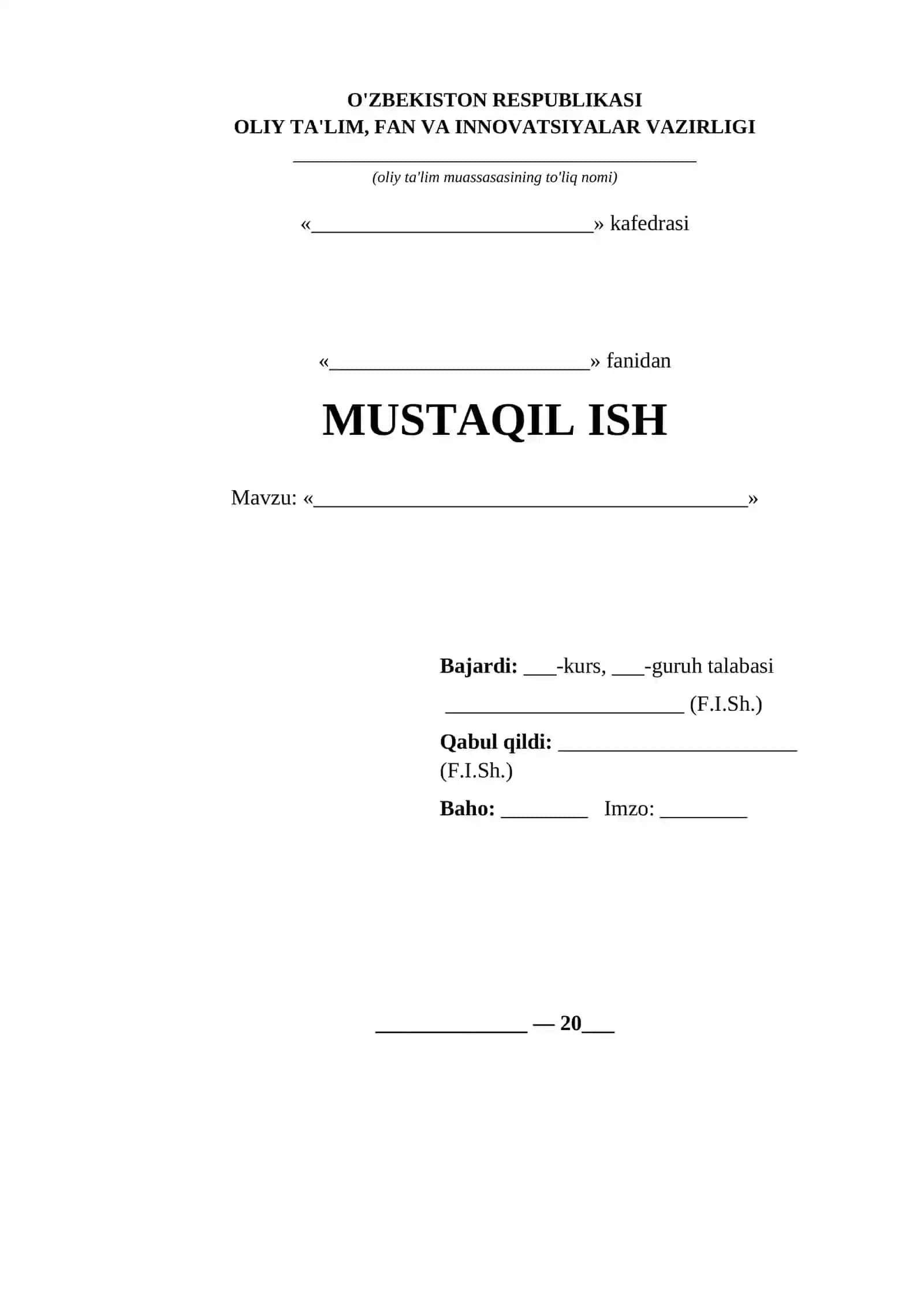Referat va mustaqil ish titul varagi namunalari 10 xil word andoza 3