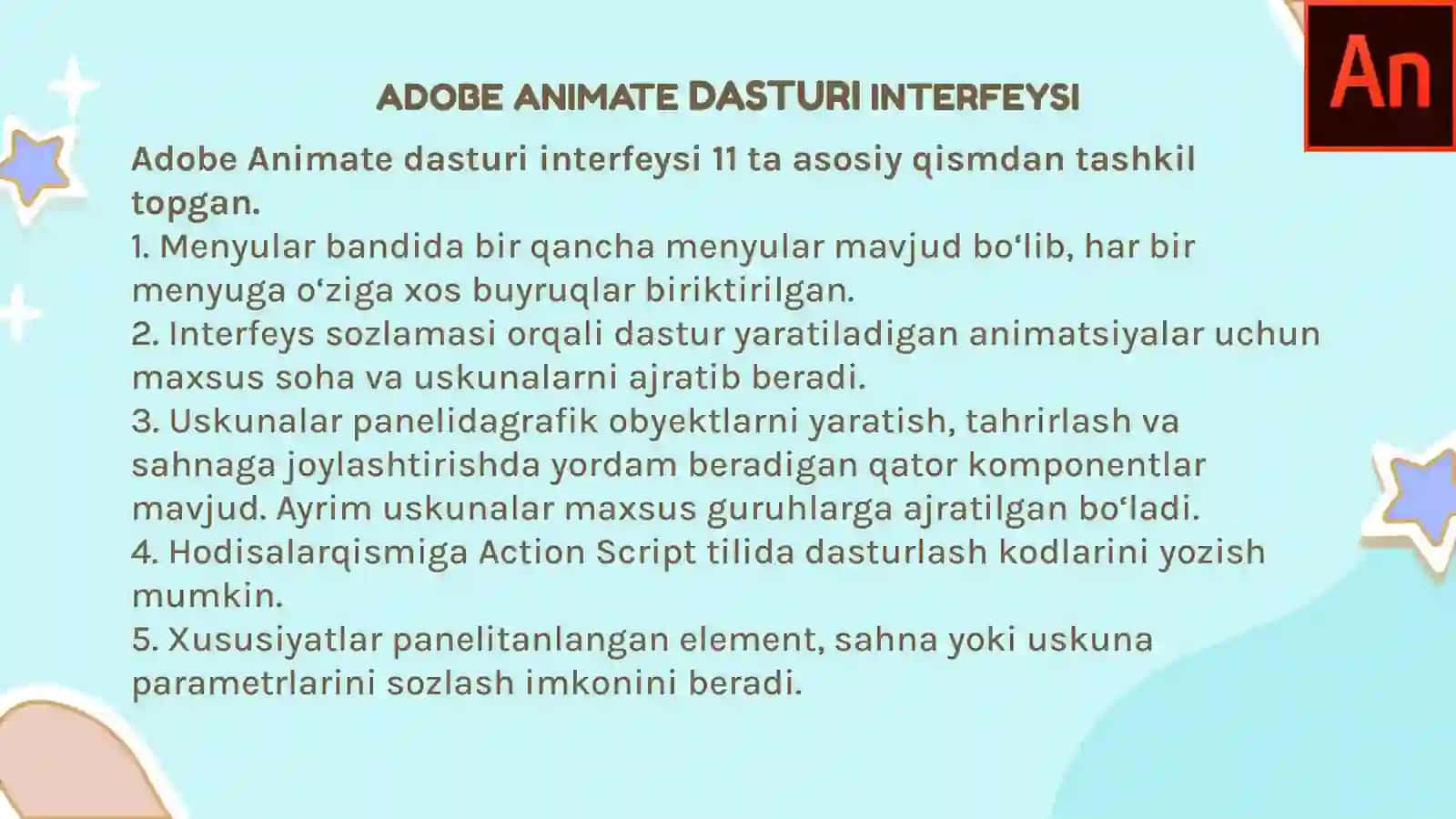 ADOBE ANIMATE DASTURINING INTERFEYSI VA USKUNALAR PANELI 3