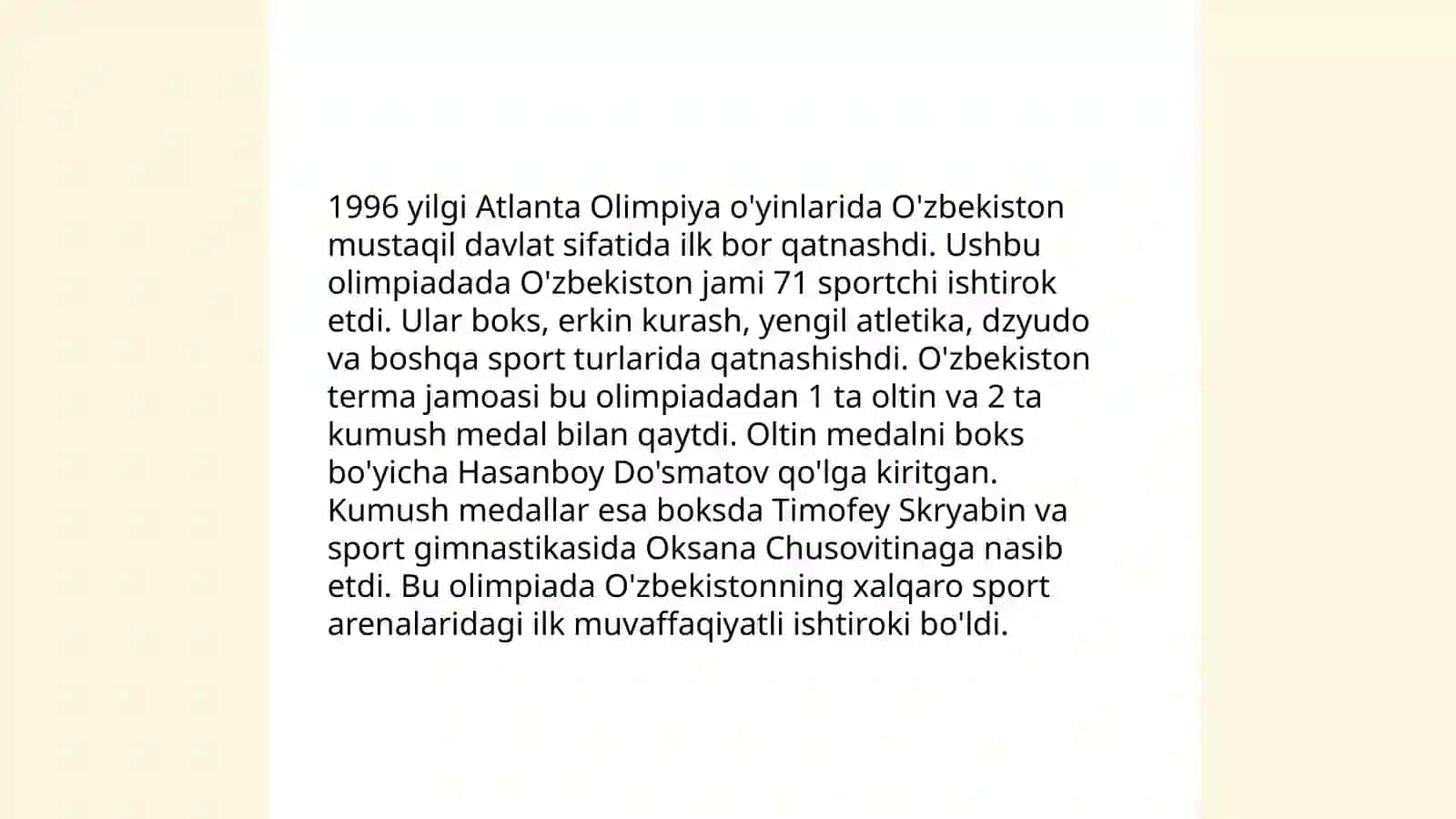 O'zbekiston sportchilarining1996-hozirgi davirgacha o'tkazilgan olimpiya o'yinlaridagi yutuqlari 3
