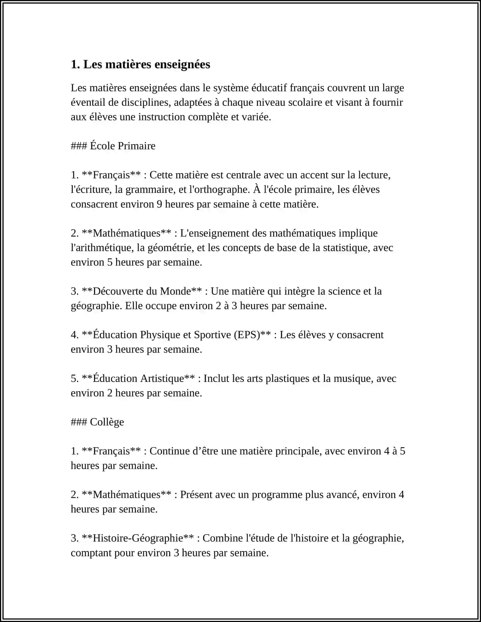 Matières enseignées dans le système éducatif français 3