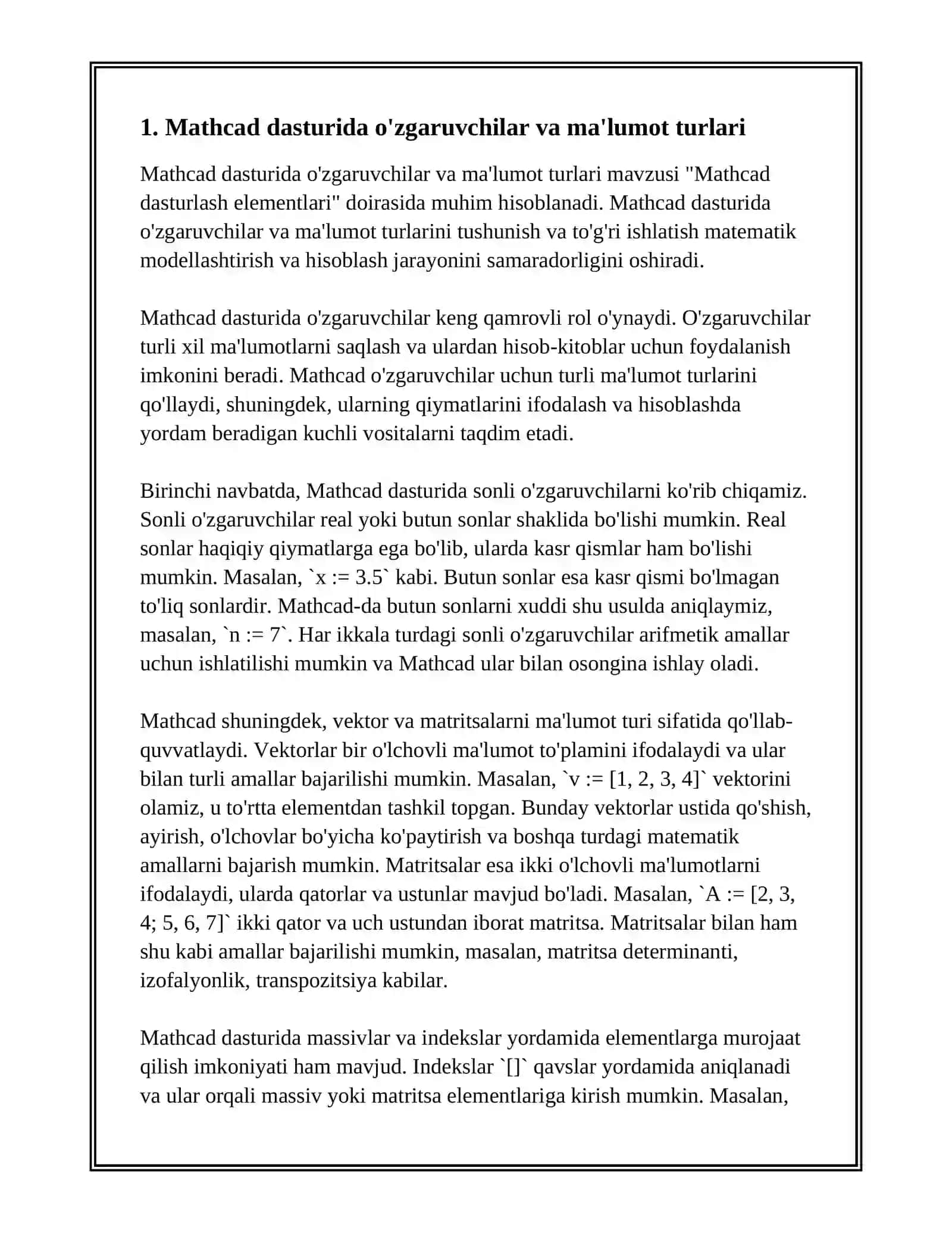 MATHCAD DASTURLASH ELEMENTLARI 3