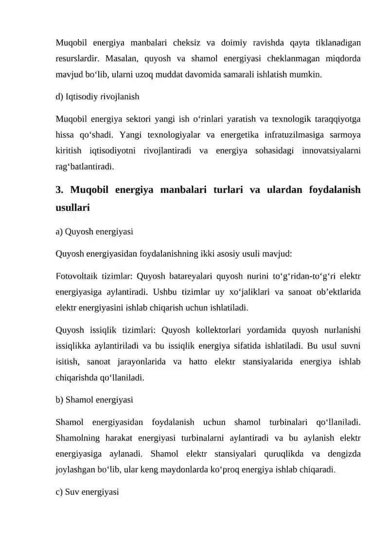 Muqobil energiya manbalaridan samarali foydalanish 3