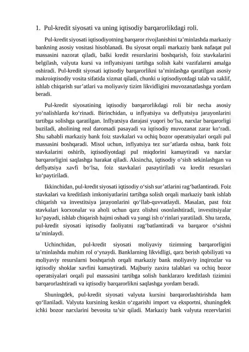 Pul kredit siyosati iqtisodiy barqarorlikni ta'minlashda markaziy bankning asosiy vositasi haqida 3