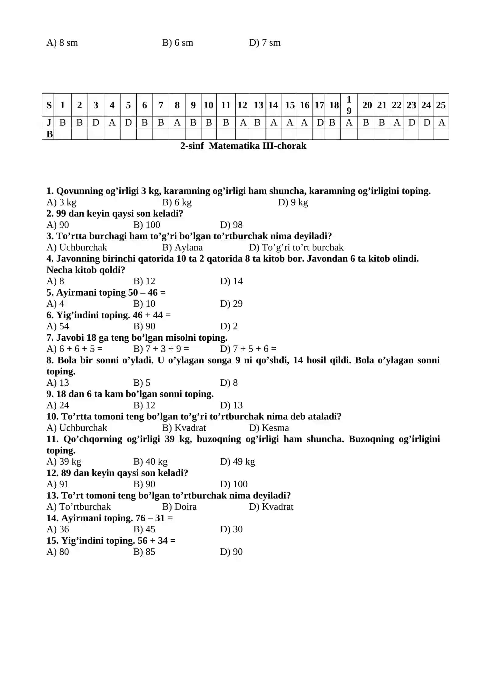 Matematika choraklik testlar 2-3-5-7 sinflar uchun 3