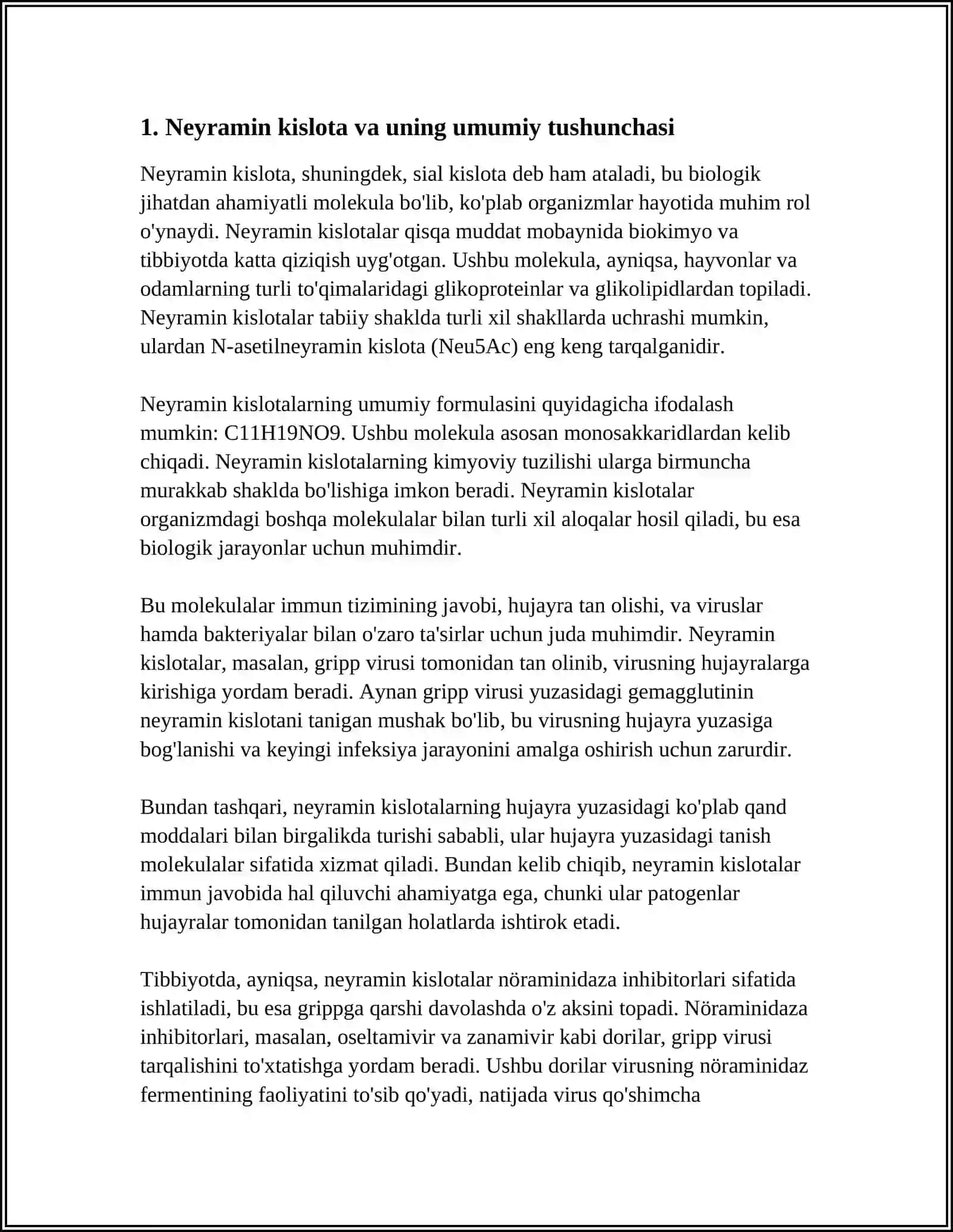 NEYRAMIN KISLOTA VA UNING XOSILALARINING TUZILISHI VA BIOLOGIK XOSSALARI. SIAL KISLOTALAR 3