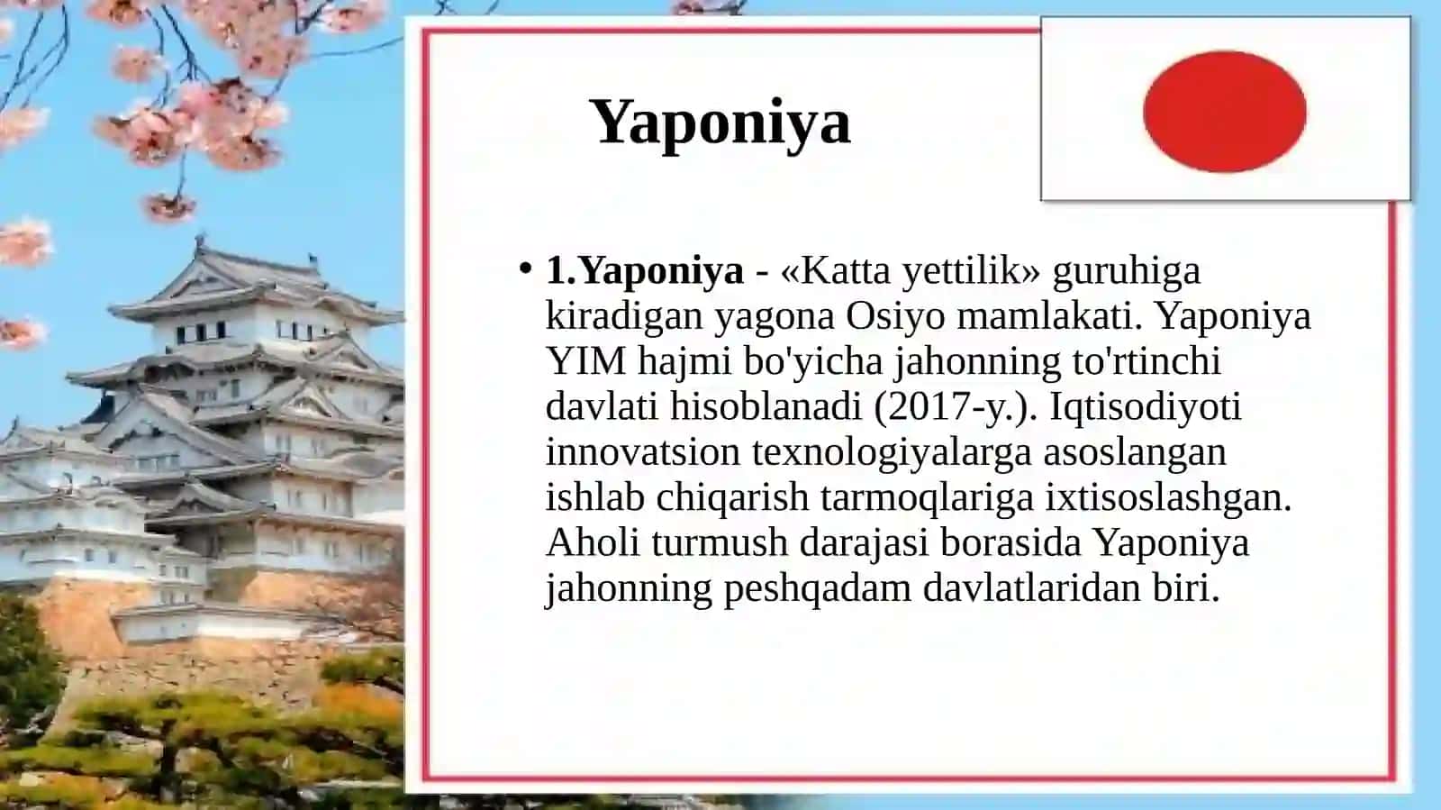 Osiyo mamlakatlarining iqtisodiy rivojlanganligi. 9-sinf geografiya fanidan dars ishlanma. 3