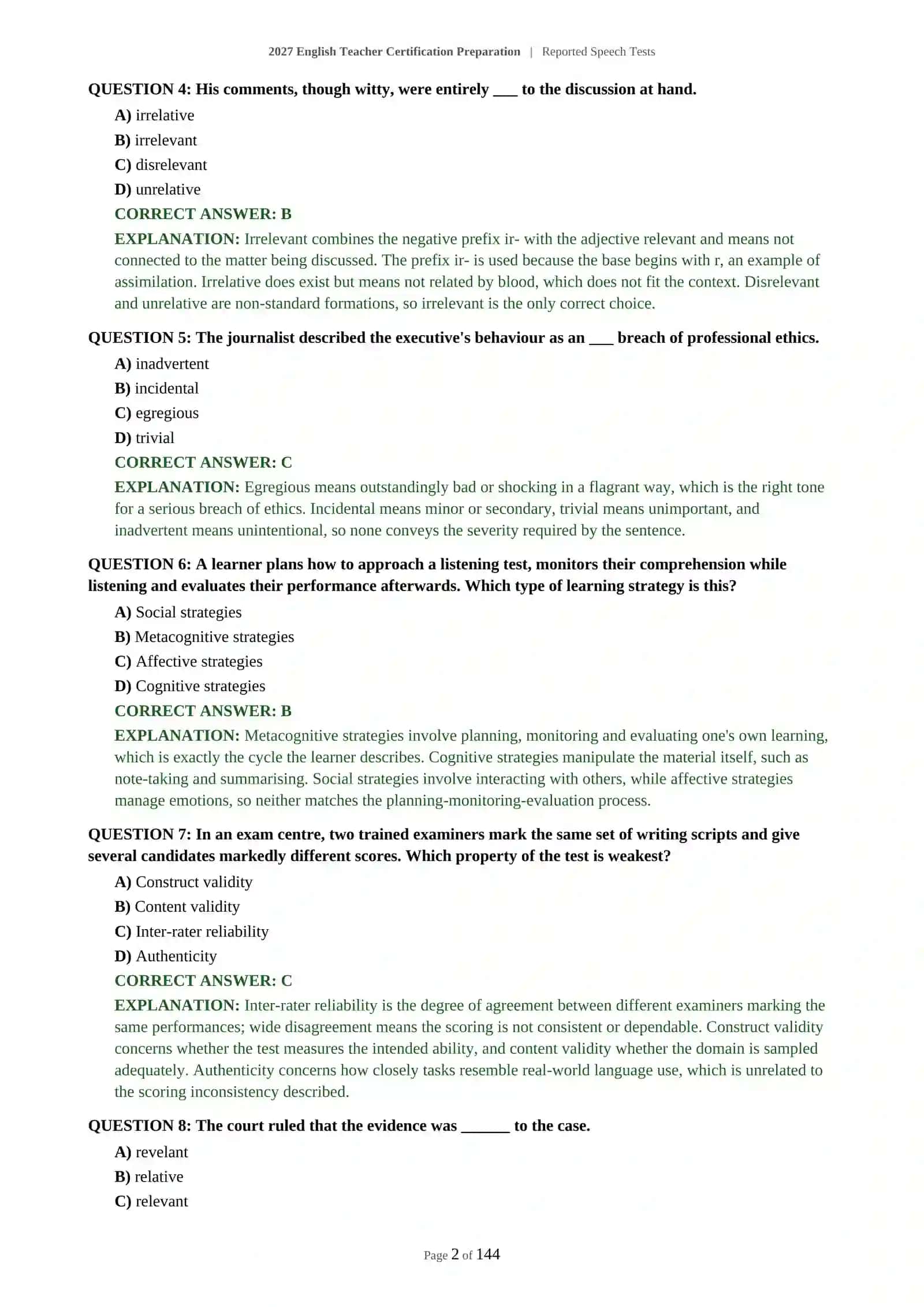 2027 English Teacher Certification Preparation | Reported Speech Tests 3