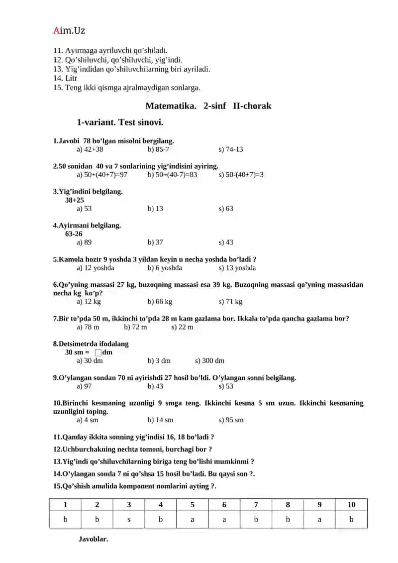 Matematika. 2-sinf I-chorak 3