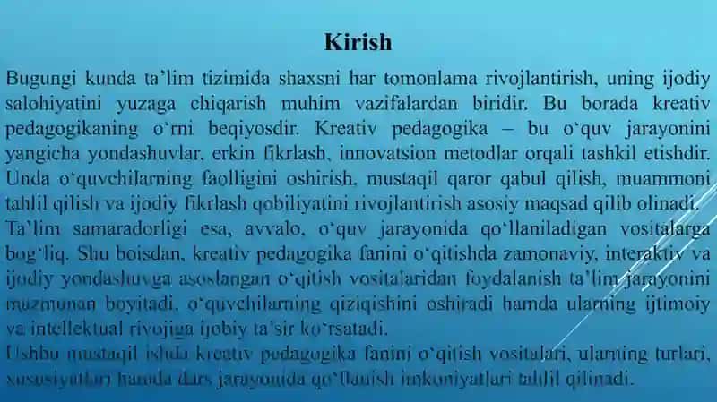 Kreativ pedagogika fanini o'qitish vositalari va ularning tasnifi. 3
