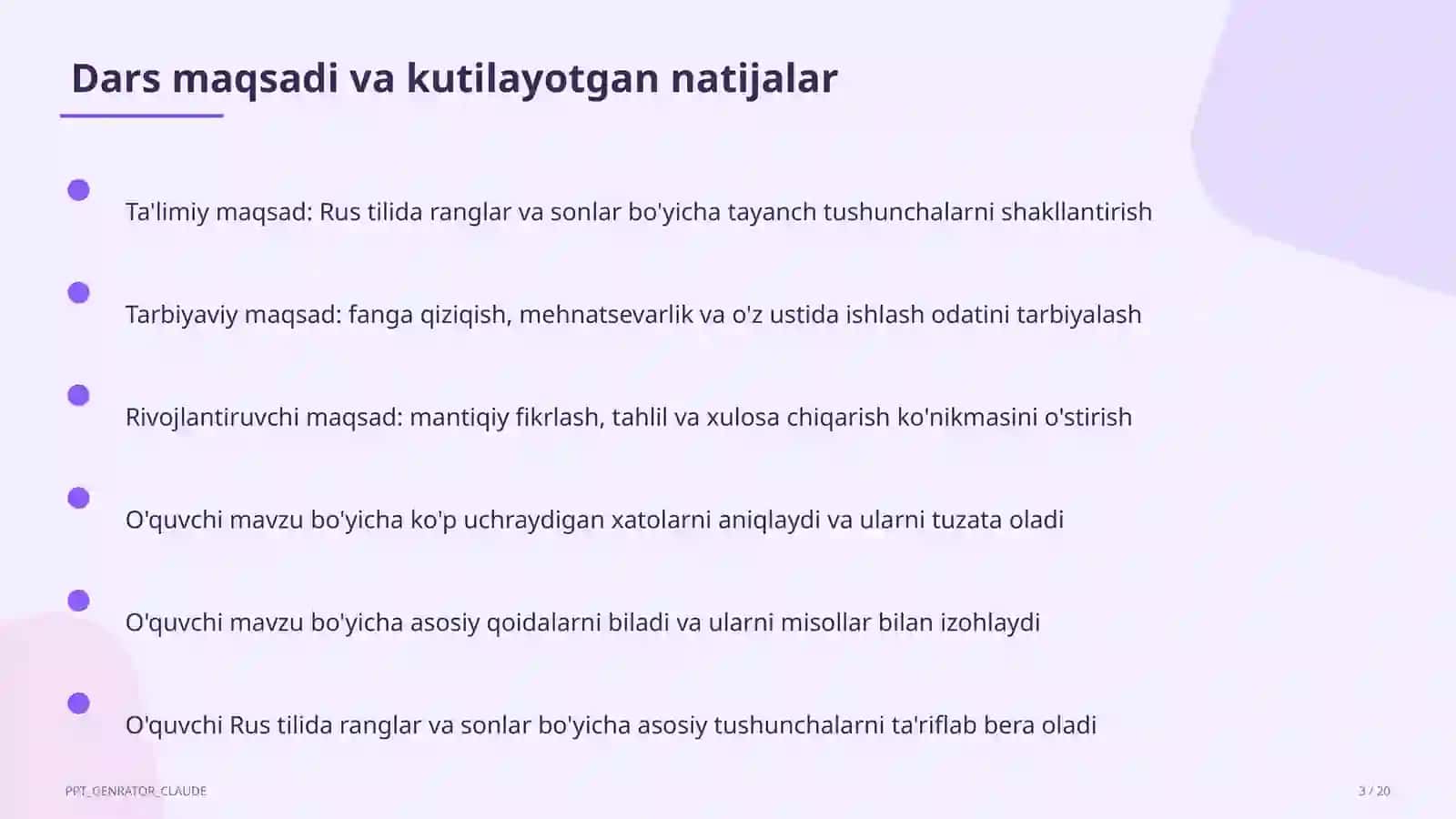Rus tilida ranglar va sonlar (2-sinf) 3