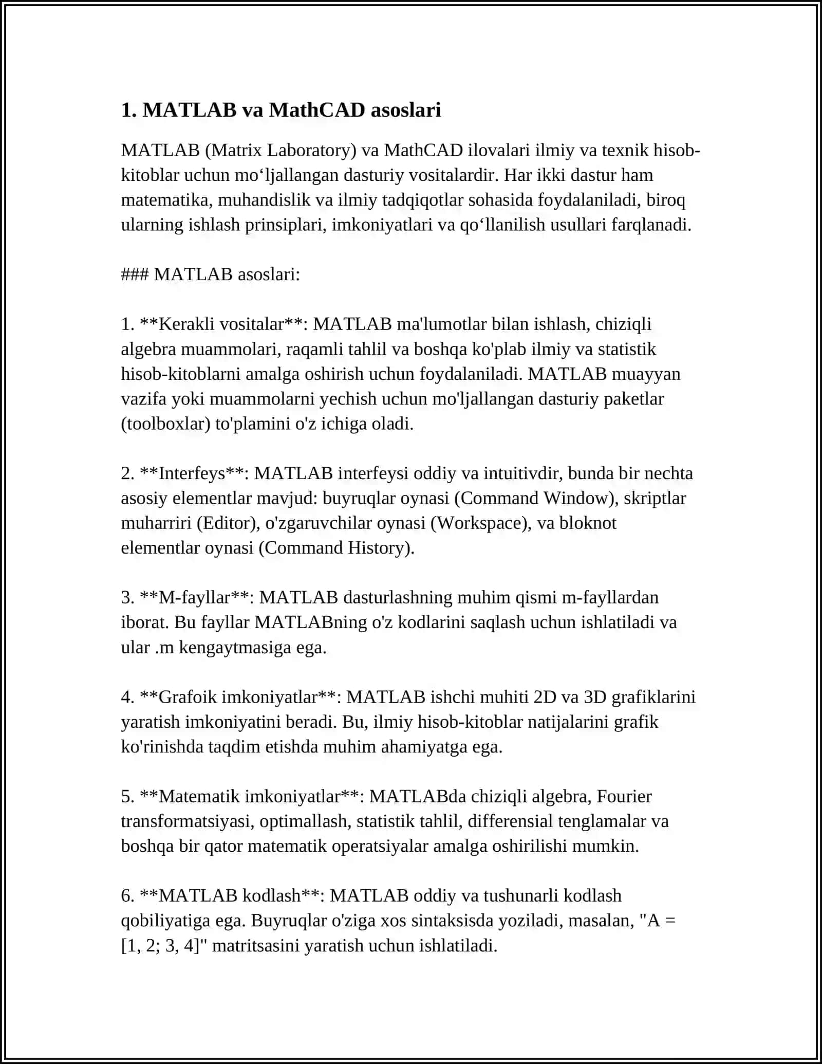 MUSTAQIL ISH Mavzu: MATCAD VA MATLAB 3