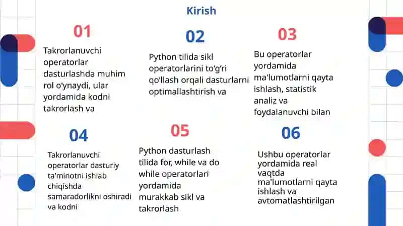 PYTHON DASTURLASH TILIDA TAKRORLANUVCHI ( FOR,WHILE,DO WHILE) OPERATORLAR 3