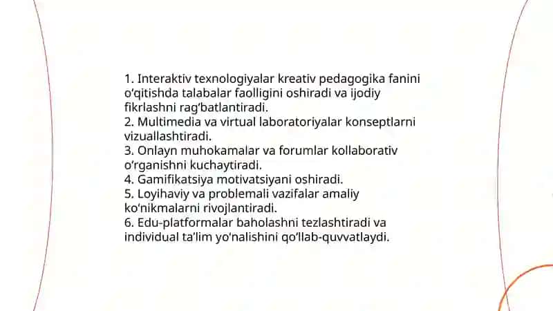 Kreativ pedagogika fanini oʻqitishda pedagogik texnologiyalardan foydalanish 3