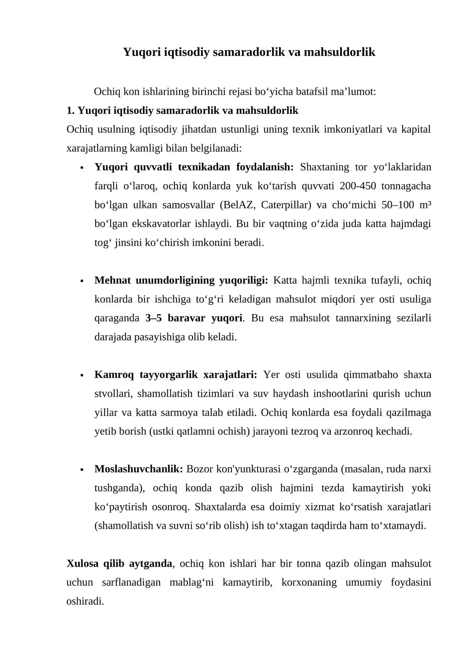 Ochiq kon ishlari yer osti usuliga qaraganda afzalliklari 3