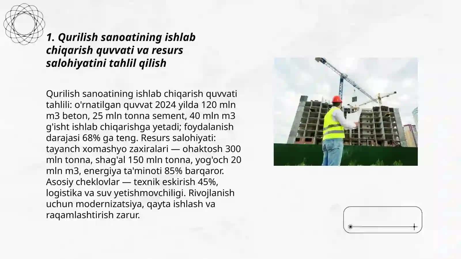 Qurilish industriyasining ishlab chiqarish va resurs salohiyati va undan oqilona foydalanish yo'llari 3