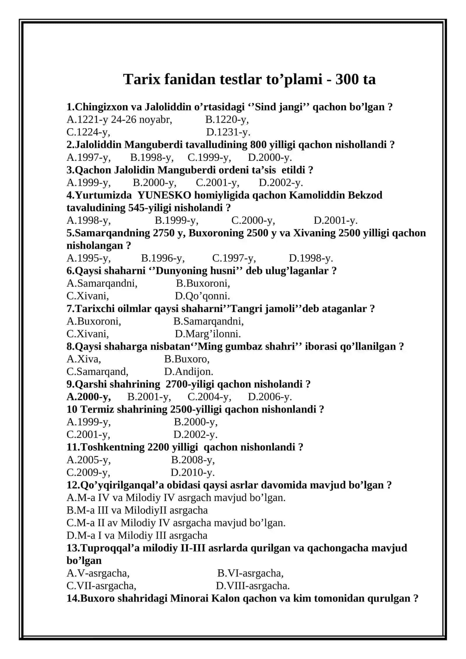 Tarix fanidan test savollar to'plami 3