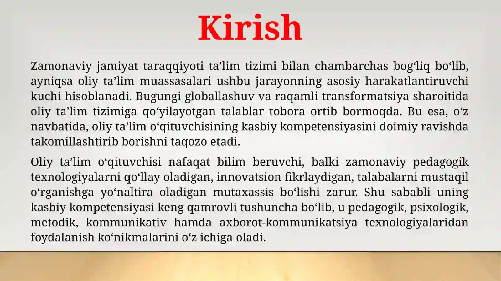 Oliy ta'lim o'qituvchisi kasbiy kompetensiyasini takomillashtirishning nazariy va amaliy aspektorlari 3