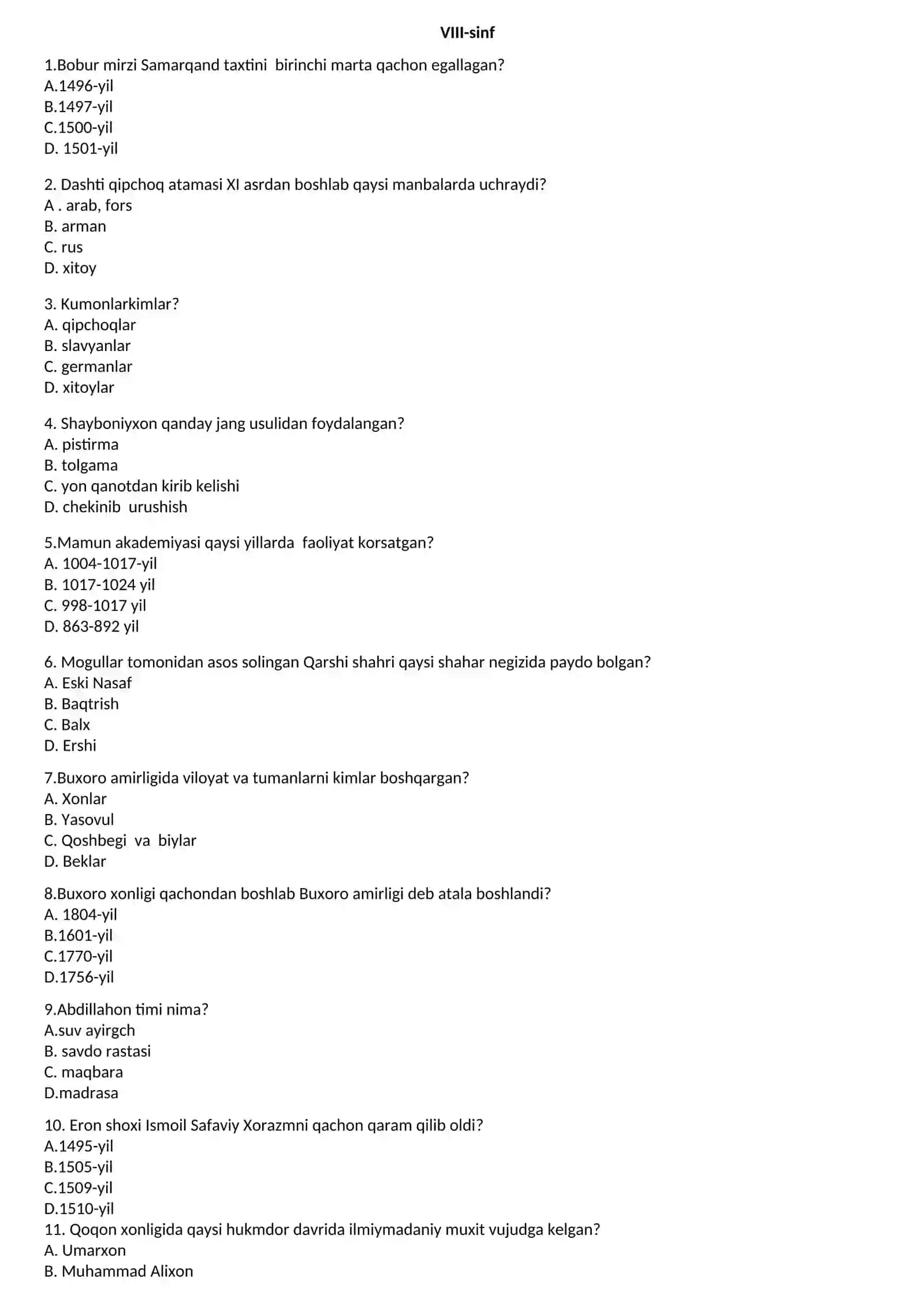 7-9-sinflar uchun tarix fanidan TEST SAVOLLARI 3