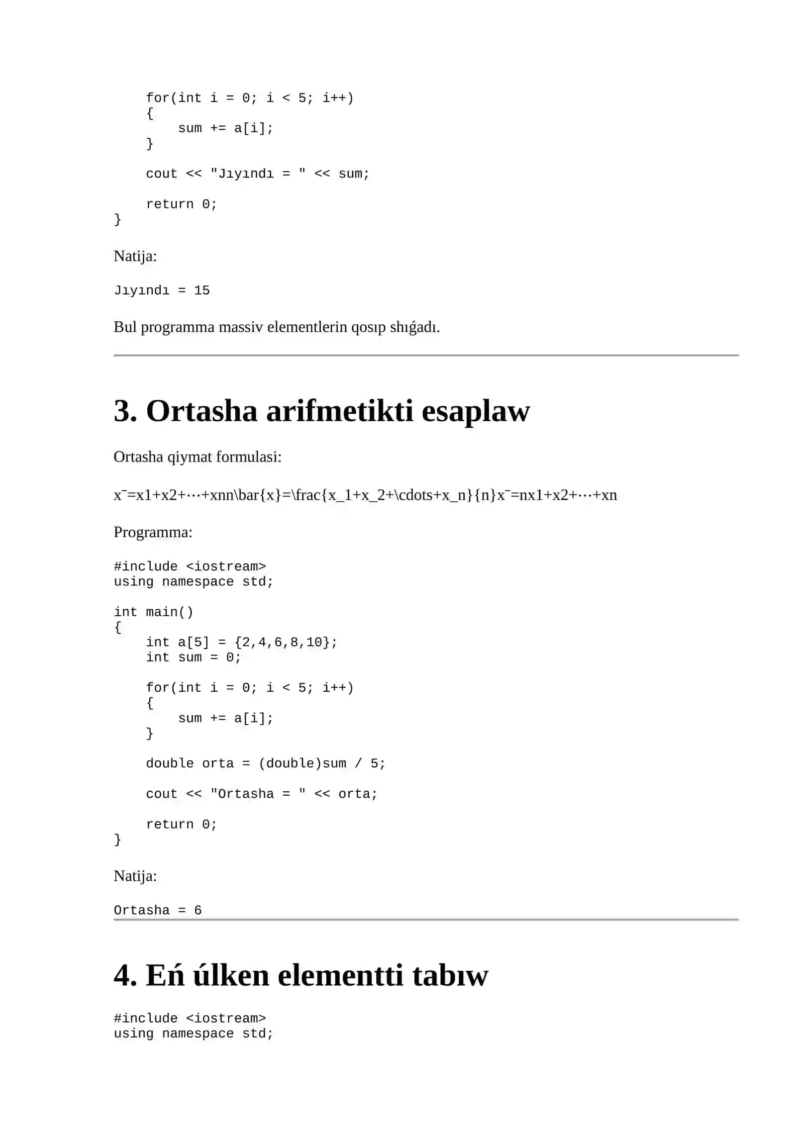 C++ tilinde massiv elementlerin analizlew hám saralaw 3