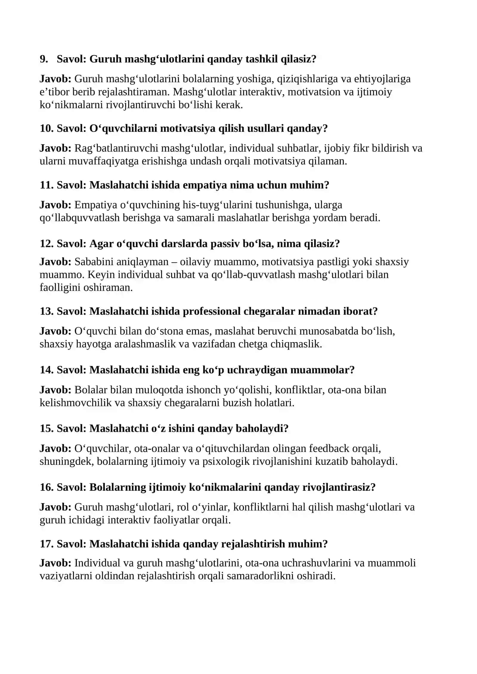maktab maslahatchisi suhbat uchun savol javob to'plami. 3