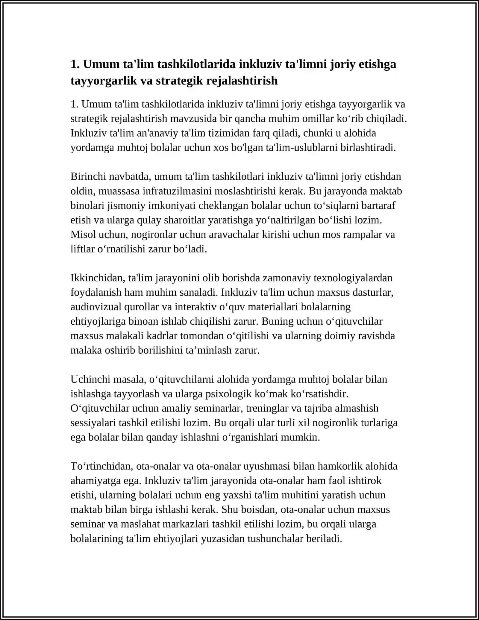UMUM TAʼLIM TASHKILOTLARIDA ALOHIDA YORDAMGA MUHTOJ BOLALAR UCHUN INTEGRATSIYALSHGAN TAʼLIMNI AMALGA OSHIRISHNING ASOSIY BOSQICHLARI 3