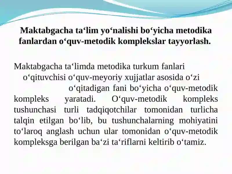 Maktabgacha ta'lim yo'nalishlari bo'yicha metodik afanlardan o'quv-metodik komplekslarni tayyorlash 3
