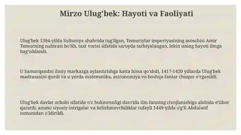 Mirzo Ulug'bek: Davlat arbobi va buyuk olim 3