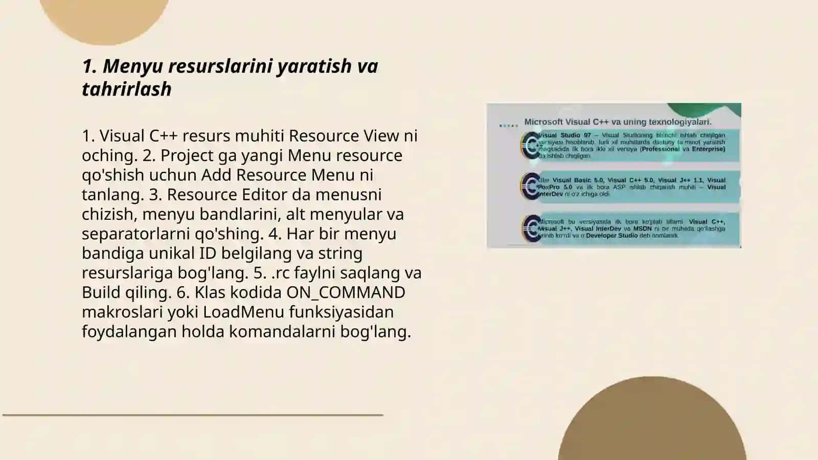 Visual C++ muhitida menyular va uskunalar paneli 3
