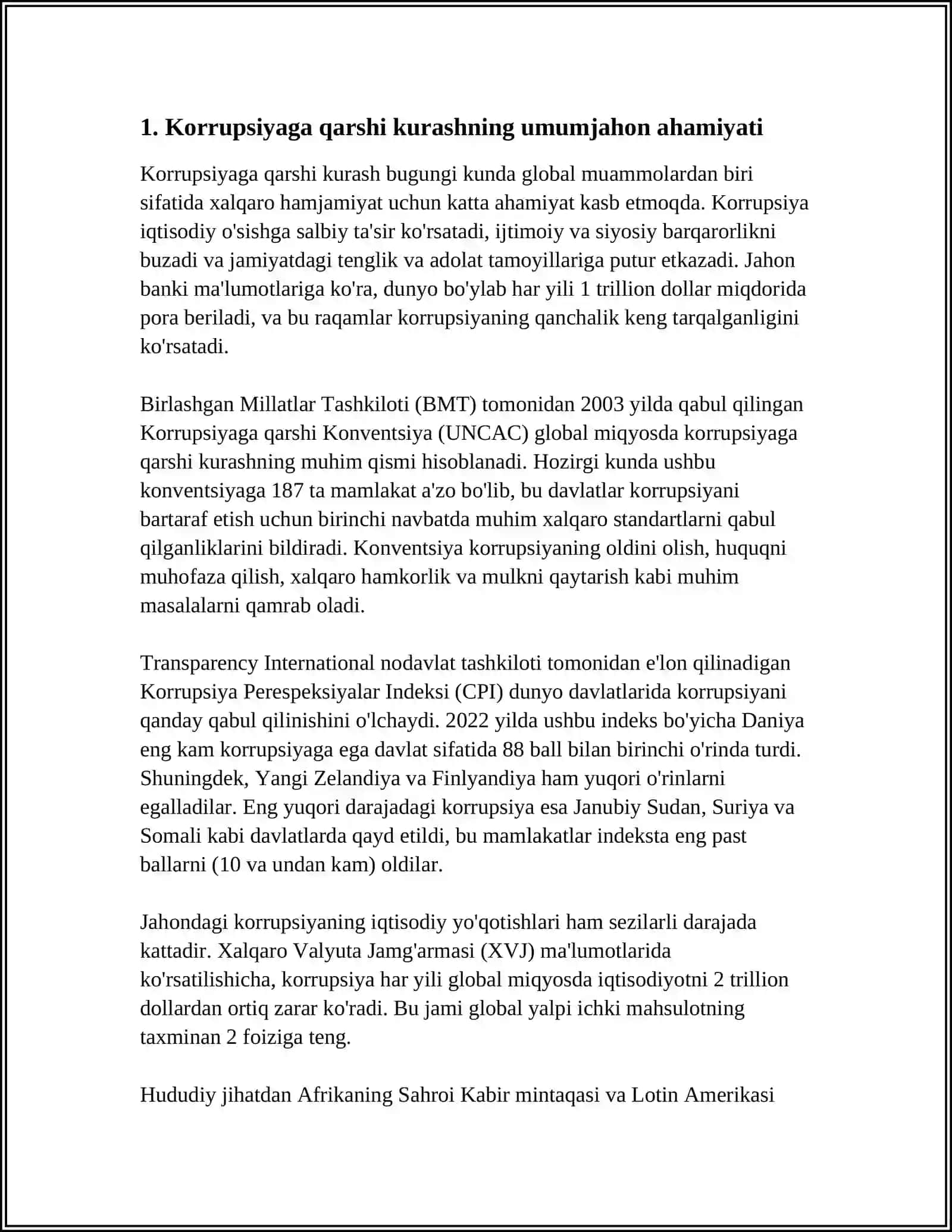 KORRUPSIYAGA QARSHI KURASH BOʻYICHA XALQARO QONUNLAR VA QATORLARNING TAJRIBASI REFERAT 3
