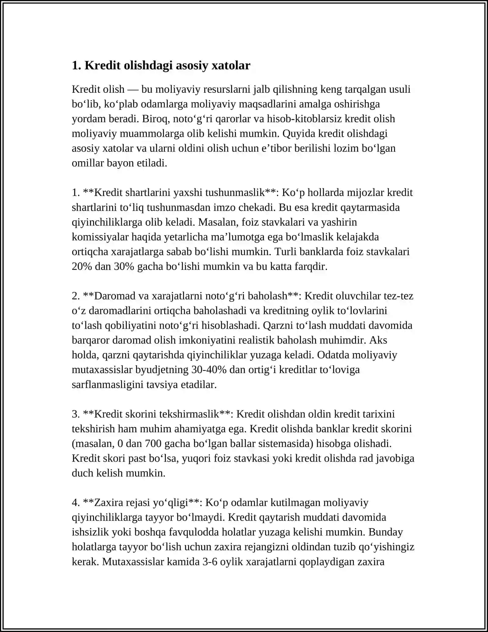 KREDIT QIYMATINI KAMAYTIRISH VA KREDITDAN FOYDALANISHDA YO’L QO’YILADIGAN XATOLAR 3
