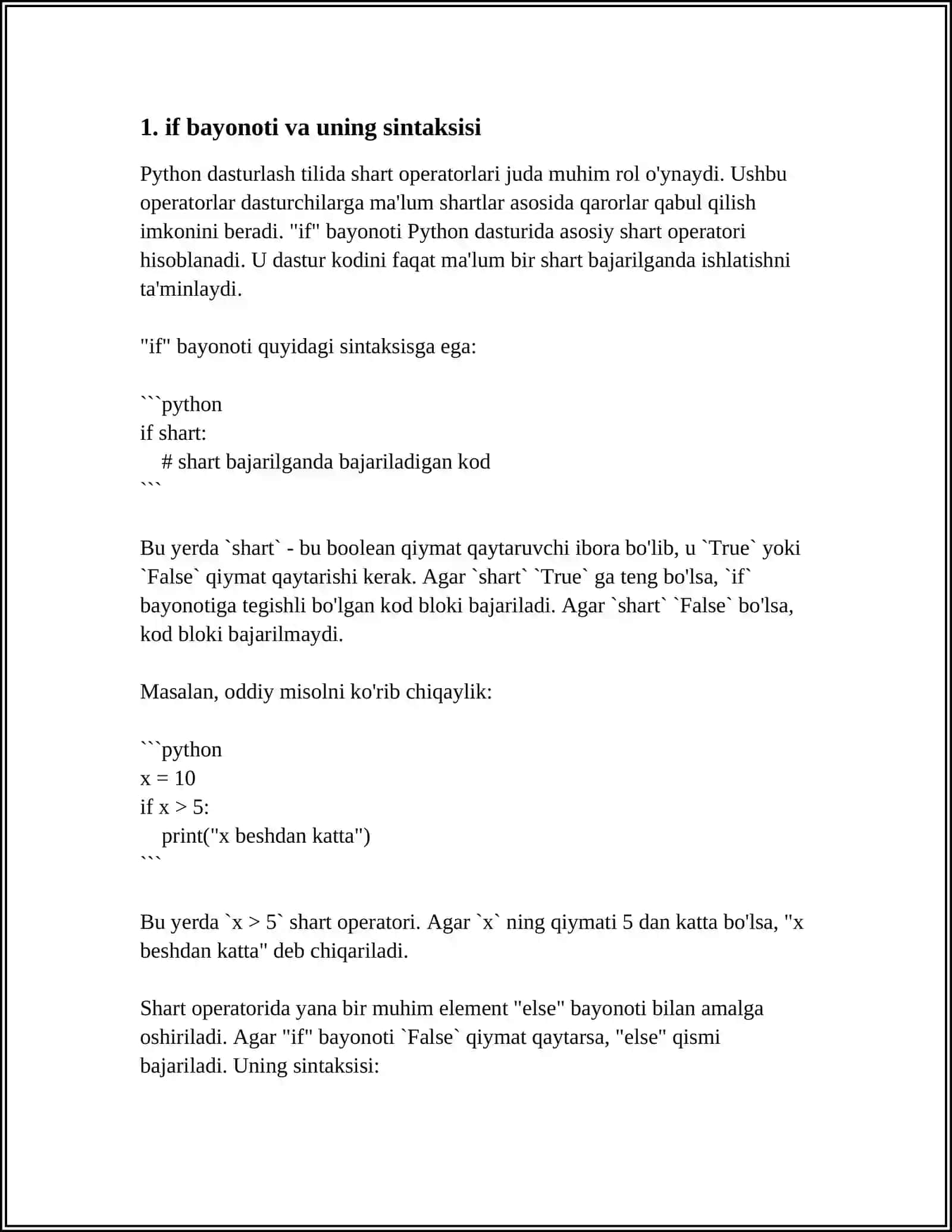 PYTHON DASTURLASH TILIDA SHART OPERATORLARI 3