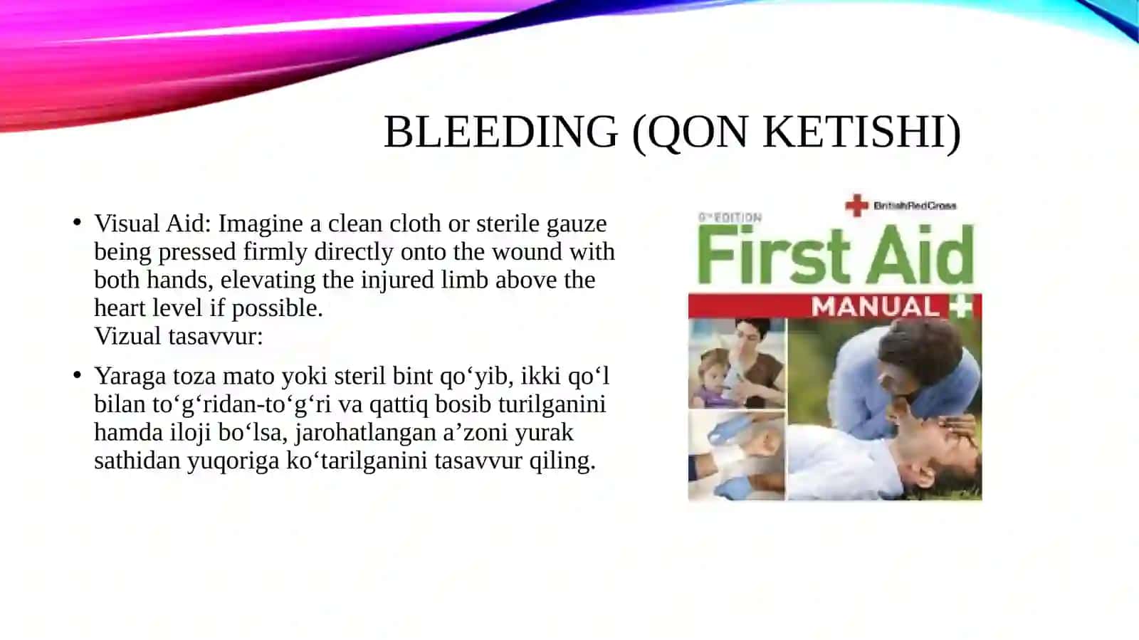 A first aid manual. Describe and provide visual aids. 3